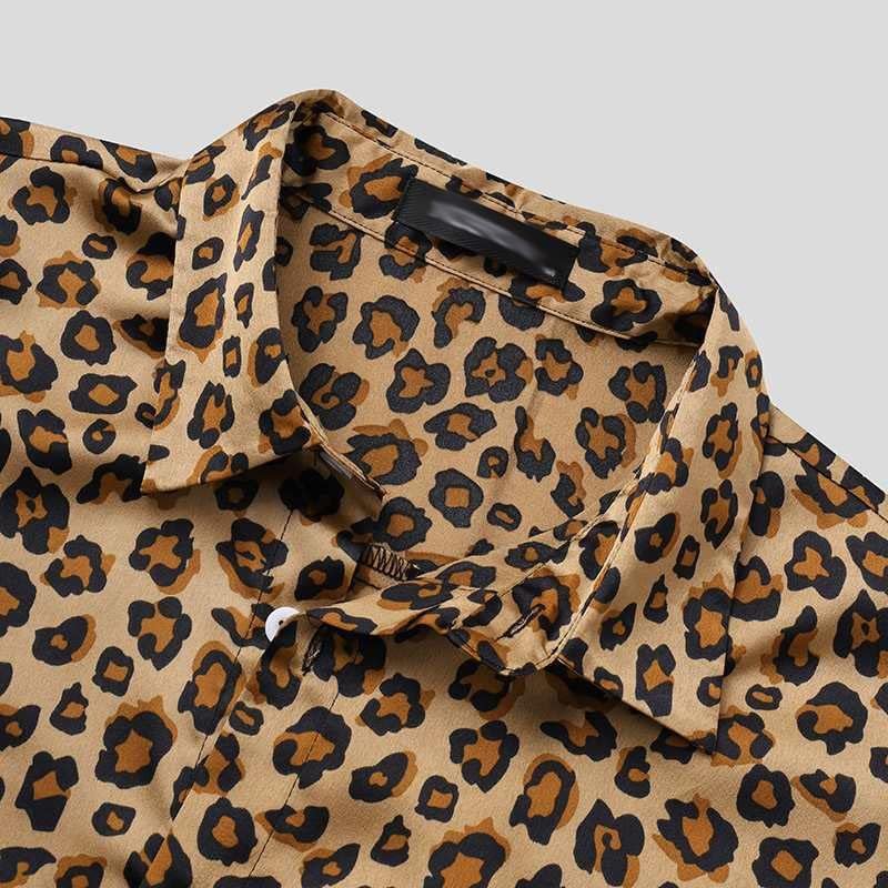 MJWDP Summer Modans Men se define de streetwear leopardo impresso lapela de capa curta camisa de praia shorts havaianos ternos 2 peças