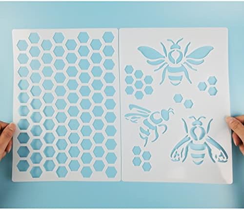 Bee Honeycomb Hexágon Stencils, 2 PCs Modelo de desenho de tema de abelha para pintar em madeira de madeira Móveis para móveis, tornando a decoração de casa reutilizável A4 tamanho 8.3 x11.7