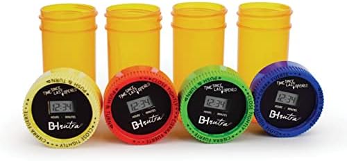 BH Nutra -4 Pacote de embalagem desde a última vez que abriu a tampa do temporizador da pílula para crianças para garrafas de prescrição - timer de garrafa de remédio para comprimidos inteligente com tampa do timer de garrafa de pílula e 1,8 oz de âmbar
