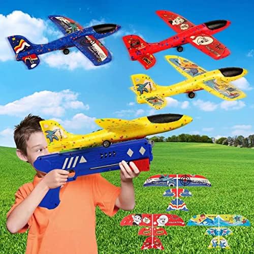 3pc Brinquedos de lançadores de avião, 2 modos de vôo Toy de planador de espuma Catapulta para meninos, presentes de aniversário de brinquedos voadores ao ar livre com 3 adesivos de bricolage