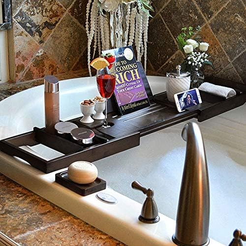 Banheira de banheira de banheira de bambu chihen com lados prolongados embutidos no suporte de comprimido bandeja de celular