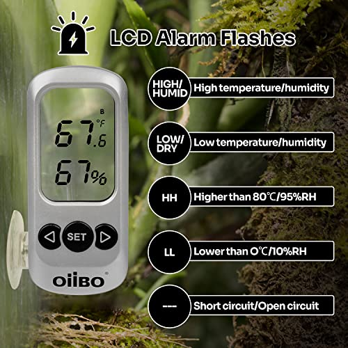 Oiibo Réptil Termômetro Digital Higrômetro com alarme, temperatura de 2 canais e medidor de umidade com sonda para a criação de