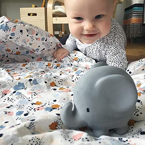 Tikiri Toys Rubber Elephant Rattle, Teether & Bath Toy, borracha natural orgânica, idades de 6 meses e mais, cinza