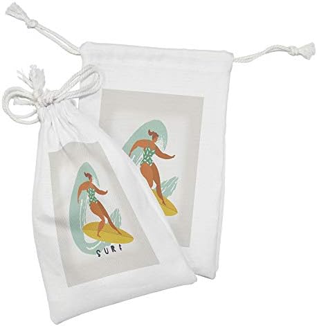 Conjunto de bolsas de tecido de onda de Ambesonne de 2, Surfista de Mulher no Summertime de verão Arte doodle, Small