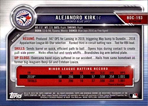 2019 Bowman Chrome Draft Refractor BDC-193 Alejandro Kirk RC Rookie Toronto Blue Jays MLB Baseball Trading Card