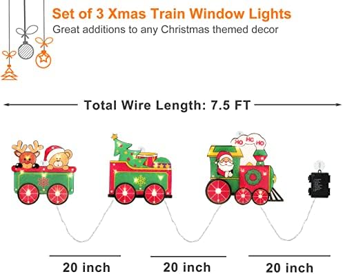 Conjunto de 3 decorações de silhueta de janela de Natal Light Up Double -Suded Christmas Papai Noel e Bateria de trem Operado com Copo de Tertção para Janela, Decoração Interior e Outdoor de Parede
