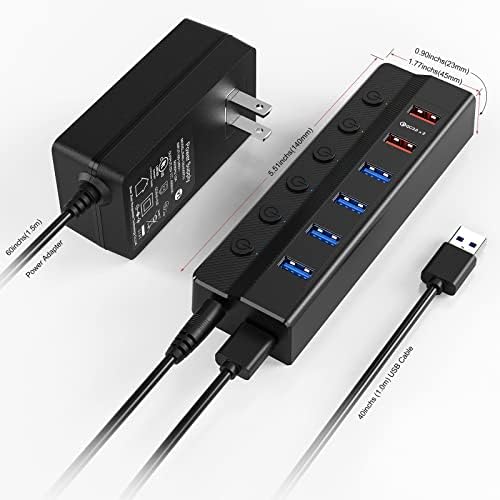 Onfinio USB Hub 3.0 Powered, 6 portas Splitter USB Hub com interruptores individuais On/Off e adaptador de energia de 48W