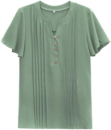 Camiseta da moda feminina V Botão de pescoço Ruched Tops Mangas de babados com blusas soltas de cor sólidas camisas casuais de cor sólida