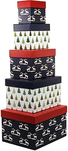 Conjunto de 5 caixas de Natal aninhadas - tamanhos e desenhos variados