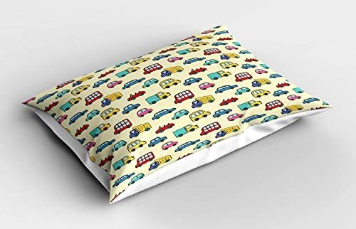 Ambesonne Cartoon Pillow Sham, Digital Trucks Sports Sports Car Bus Auto Pastel Game Tráfego Lanfoso, Tamanho padrão Decorativo Pronha impressa, 26 x 20, creme e multicolor