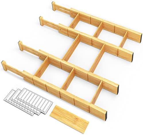Divisores de gavetas de bambu espacial com inserções e etiquetas, organizadores de gavetas ajustáveis ​​da cozinha,