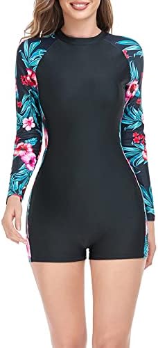 PIMOXV Mulheres Rash Guarda Longa de Manga Longa One Amaz para Back Zipper Surfando Bathing Dune UPF 50 Tropical Floral Print Swimwear