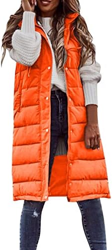 Colete de puffer longos para mulheres com capuz de inverno sem mangas de jaquetas leves leves com zíper com zíper para baixo da cintura