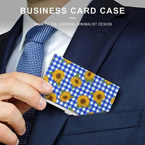 Girassóis brilhantes no titular de cartões de negócios xadrez azul Silm Case Professional Metal Name Card Pocket Pocket