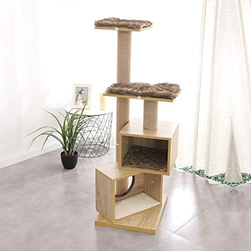 Wood Cat Tree Modern Cat Tower sisal arranhando post condomínios duplos gatinhos de atividade mobiliário central com tapetes laváveis ​​removíveis.2 A ninhada de gato.khaki