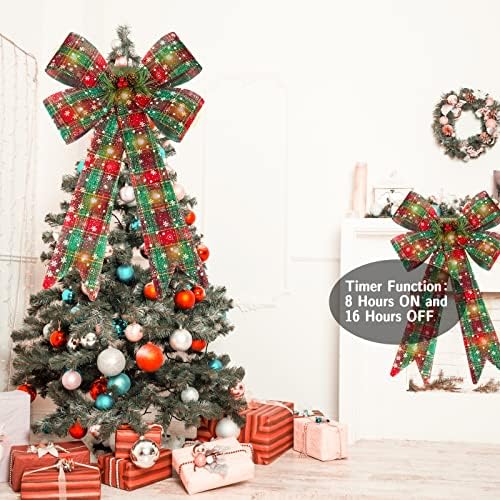 Arreço do topper da árvore de Natal com luzes de luzes LED Timer Buffalo xadrez decorativo xmax arboriza arcos de natal com