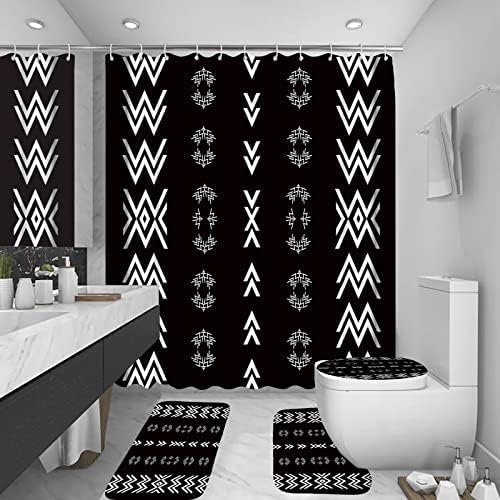 Abbesun 4pcs Black Boho Shower Curtain Conjuntos, cortina de chuveiro preto/branco marroquino com tapete de tampa do vaso sanitário, tapete de contorno e tapete de banho, conjuntos de cortinas de banheiro marroquino Boho com tapetes, decoração do banheiro 72 x72