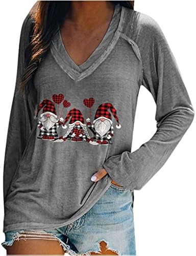 Camisas de Natal para mulheres gnomos fofos gráficos de manga longa Tees de túnica moda casualas de natal solto v blusas pescoço camisetas