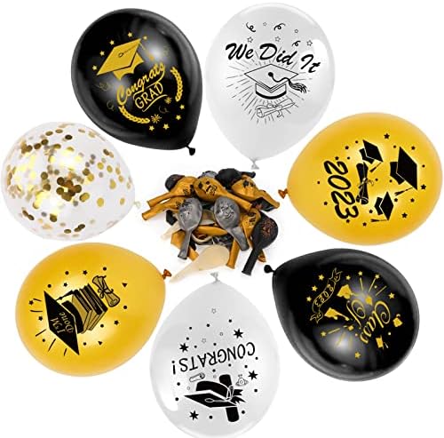2023 FESTA DE GRATUÇÃO Supplies 37 PCs Conjunto de balões de ouro e cinza pretos, balões de látex de 30 pcs e balões de confete