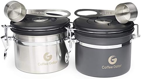 Coffee Gator Cafetle Casister Duo Stainless Aço Café Recipiente - Feijões mais frescos e Grounds por mais longos - Válvula de liberação de CO2 e bolas de medição - Pequena, cinza e prata