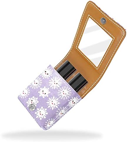 Kawaii Snowflake Conjunto de fundo roxo Caixa de batom pequeno com espelho para bolsa, suporte de maquiagem cosmética de couro