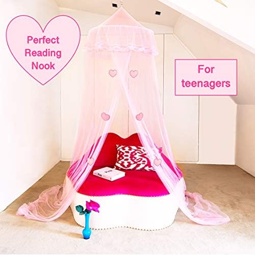 Até Naturals - Princess Bed Canopy for Girls | Decoração de quarto rosa com cúpula de renda e corações, sistema de suspensão