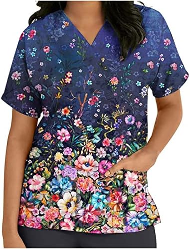 Moda de trabalho casual feminino Túdos de túnica estampada floral V Scrub_shirts de manga curta com bolsos