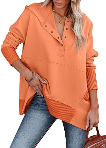 Sandery Women's Fall Oversized Hoodies 2022 Casual Button V Push Pullover Sorthirt Tops com bolsos X-Large Orange