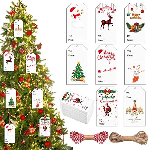 160 peças Christmas Kraft Papel Tags Presente de Xmas Hang Hanges Snowman Snowflake Árvore de Natal pré-perfurada com 32,8 pés de algodão para férias de casamento de casamento DIY Nome Card, 8 estilos