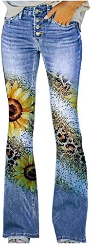 Jeans de cintura alta para mulheres 2023 Botão de verão Flore Flare Denim Bottom Bell Stretch Ponta de perna reta