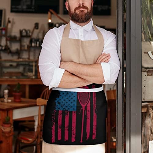 Avental de cintura de lacrosse da bandeira americana com 3 bolsos fofos meio aventais aventais de avental para restaurante de cozinha em casa um tamanho