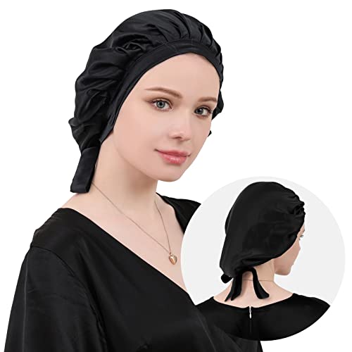 Daissilk Mulberry Black Silk Capto para dormir cabelos de seda para cabelos curiosos para cabelos longos elásticos ajustáveis ​​no Natal e no dia dos namorados presentes, preto