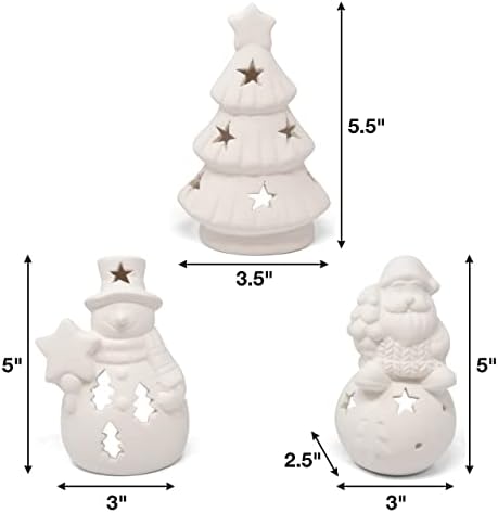 Conjunto de 6 Christmas Cerâmica Santa Snowman Tree Figuras Kit de artesanato de tinta O gesso de cerâmica sem pintura para o projeto de arte de sala de aula de sala de aula favorece a decoração de festas de férias tinta e pincéis incluídos