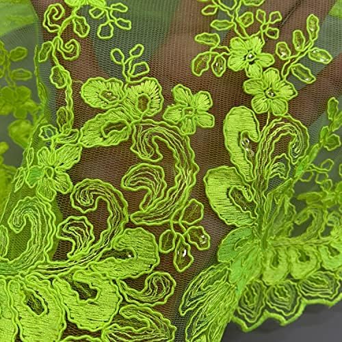 Melody Neon Lime Green Poliéster Floral Bordado com lantejoulas no tecido de renda de malha ao lado do pátio para vestido, casamento,