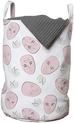 Bolsa de lavanderia rosa blush de Ambesonne, padrão temático de relaxamento com rostos com esboço de spa fresco, cesta de cesto com alças fechamento de cordão para lavanderias, 13 x 19, pó de blush azul pálido