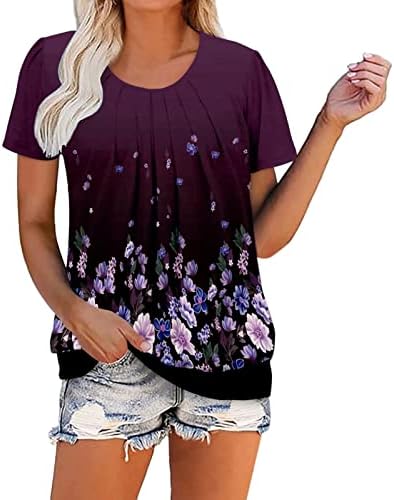 Mulheres Poppy Floral Graphic Relaxed Fit Camisetas Crewneck Top Tees Top Manga curta Camisas de outono plissadas de verão