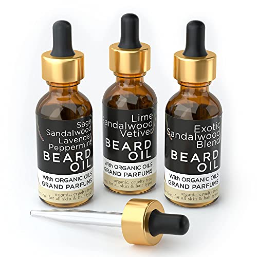 Óleo de barba masculina de Grand Parfums 3 aromas- de pele orgânica e natural e condicionadores de cabelo infundidos com óleos essenciais, argan, amêndoa, jojoba e mamona- barbas mais suaves e fortes