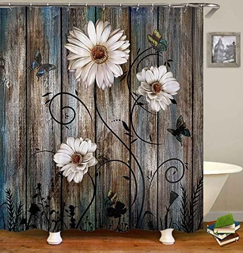Camille & Andrew 4pcs Conjunto de cortinas de chuveiro margaridas brancas, borboleta floral floral floral preto planta rústico rústico