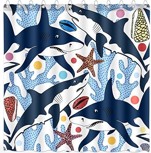 Dephoto Ocean tem temas cortinas de chuveiro para banheiro azul tubarões de cartoon de coral peixes tropicais para crianças decoração de tecido de poliéster com ganchos 72x72 polegadas