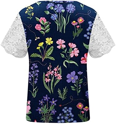 Tampas elegantes de verão para feminino de renda vin -pescoço blusa floral estampado de manga curta camiseta casual camisas da moda
