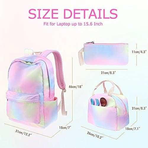 Junlion Rainbow Backpack Conjunto 3 em 1 bolsa para a escola infantil, laptop backpack lanch saco de lápis presente para meninas adolescentes femininas