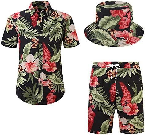 Medar Mens e meninos camisa havaiana e um conjunto curto com chapéus de 3 peças de 3 peças de férias de férias de praia de combinação