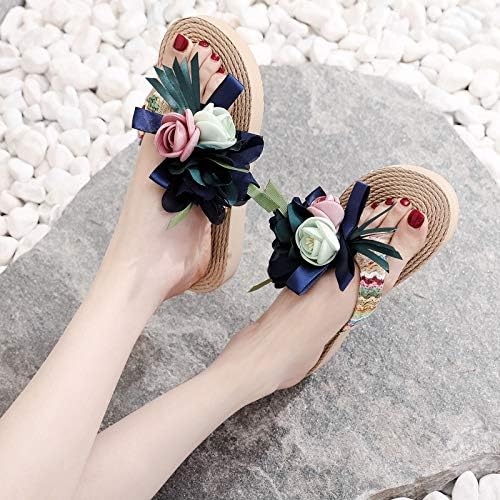 Mulheres chinelas de flores sandálias em casa Sapatos de praia de chinelos respiráveis ​​planos tecem sandálias externas para mulheres sandálias de slide feminino