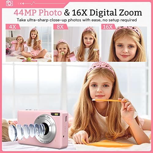 Câmera digital, câmera infantil com cartão de 32 GB, NSOELA FHD 1080P 44MP Câmera de vlogging compacta, câmera de ponto