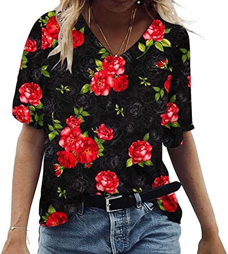 Tshirts firls estampa floral relaxada tops superdizes camisetas de manga curta V lounge de pescoço outono tshirts de verão é