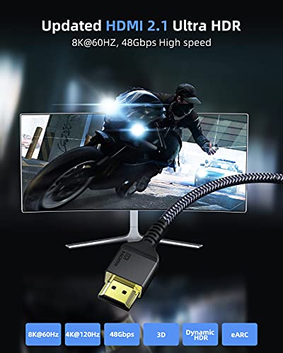 Cabos Maxonar 8K HDMI 10ft, [Certificado] Cabo HDMI de alta velocidade 2.1, 8K60Hz 4K120Hz 144Hz, 48Gbps HDCP 2.2 e 2.3 Earc dinâmico