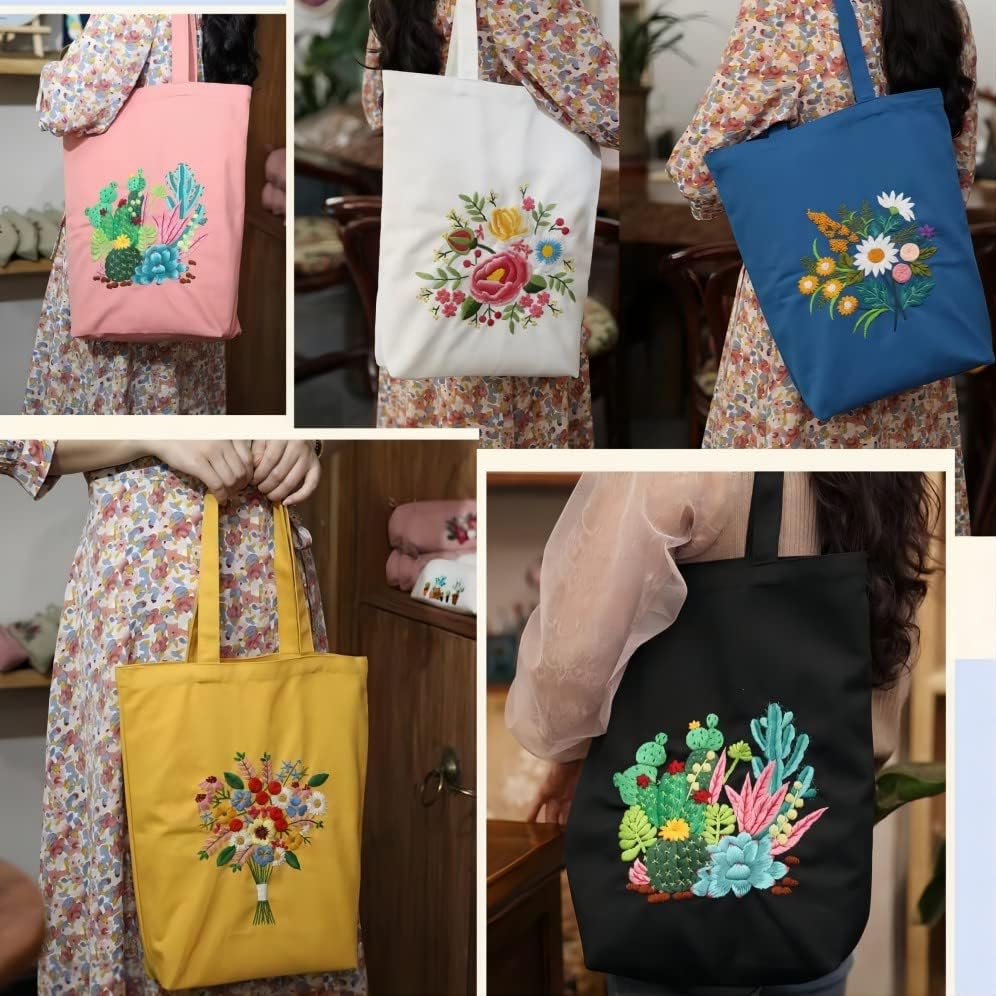 Skyblue Canvas Tote Bag Kit, Flowers Art Pattern, Kits Cross Stitch, incluindo bolsa de bordado estampado com argolas, agulha,