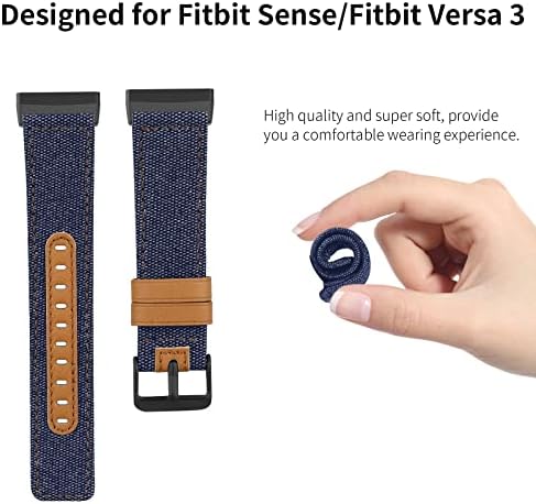 Ihillon Compatível com faixas de senso Fitbit/Fitbit Versa 3 Bands para homens mulheres, tecido de lona clássica com micro fibra suave para bandas versa 3/bandas sensoriais para homens, jeans azul com fivela preta com preto fivela