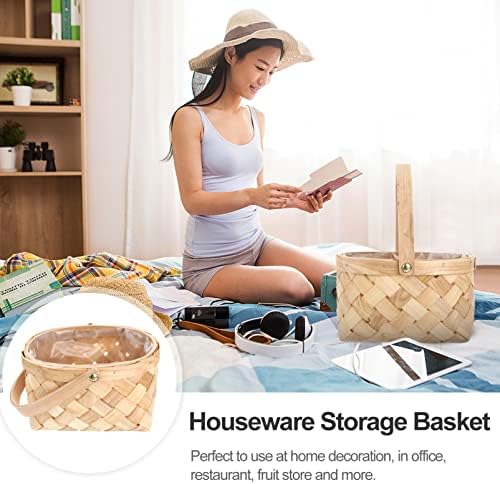 Sewacc, recipiente de armazenamento artesanal de vime artesanal, cesto de armazenamento com alça de marcenaria cesta de