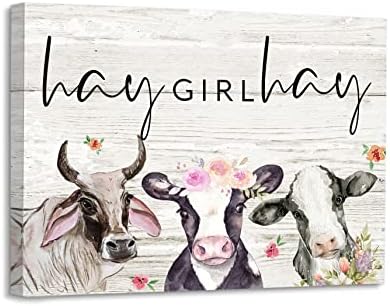 Hay Girl Hay Aquarela Floral Vacas de bebê emoldurado Decoração de arte de parede de lona 14 × 11 polegadas, Farthouse Cow Printo